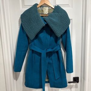 Anthropologie Elevenses Teal Coat with Ribbed Collar and Belt